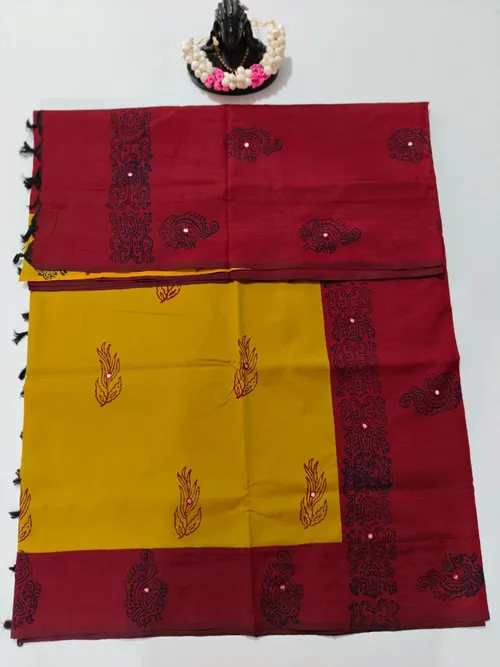 POLY COTTON SAREE WITH MIRROR WORK 